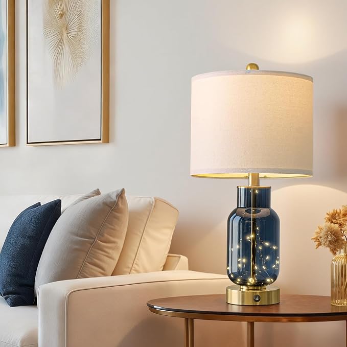 22" Glass Table Lamps Set of 2, Blue Modern Bedside Lamp with LED Night Light for Living Room, Nightstand Lamp with USB Ports for Bedrooms, Study Room, End Table(2 Bulbs Included)
