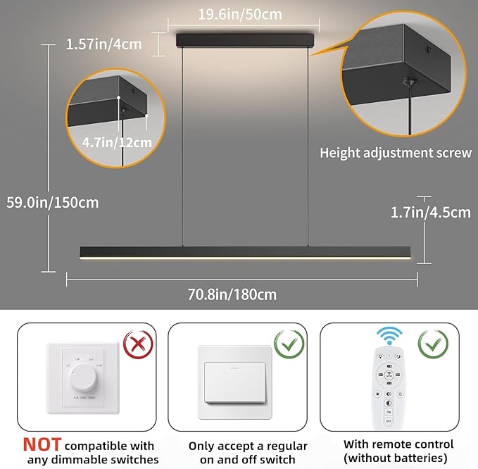 Modern Ceiling Pendant Lights,71in LED Black Linear Chandelier with Remote Control 3000k-6000K Adjustable Color Temperature,Island Lighting Hanging Light for Kitchen,Dining Room,Living Room