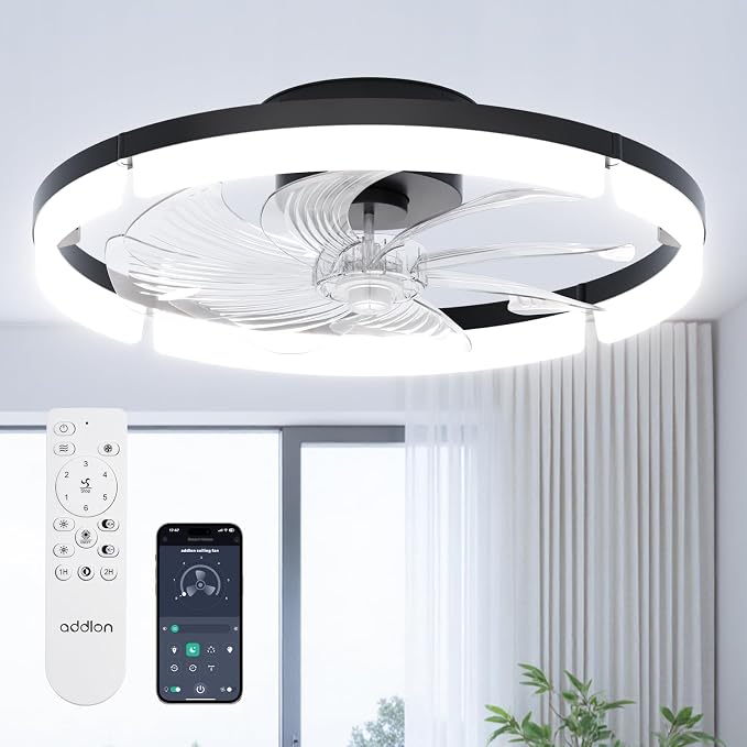 addlon 20" Low Profile Fandelier Ceiling Fans with Lights and Remote, Black | 3000-6000K Dimmable LED, 6 Speeds, Reversible DC Motor, Remote and App Control, Memory Function, Timer, Quiet