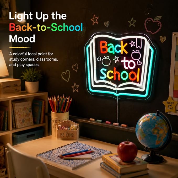 Back to School Neon Sign, Classroom LED, 13.8" x 11"IN | Chalkboard Style, Typography with Apple & Stars, Study Room Decor, For Kids & Teachers