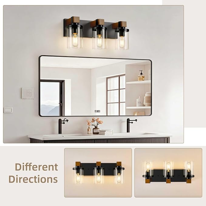 3-Light Farmhouse Bathroom Light Fixtures, Black Bathroom Vanity Light Fixtures Over Mirror, Rustic Sconces Wall Lighting with Clear Glass Shades for Living Room, Bedroom, Hallway