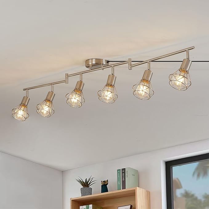 6 Light Plug in Ceiling Light Track Lighting Fixture,19.6tf Long Cord with On/Off Switch Modern Farmhouse Track Light Fixture for Livingroom Bedroom Kitchen E26 Base