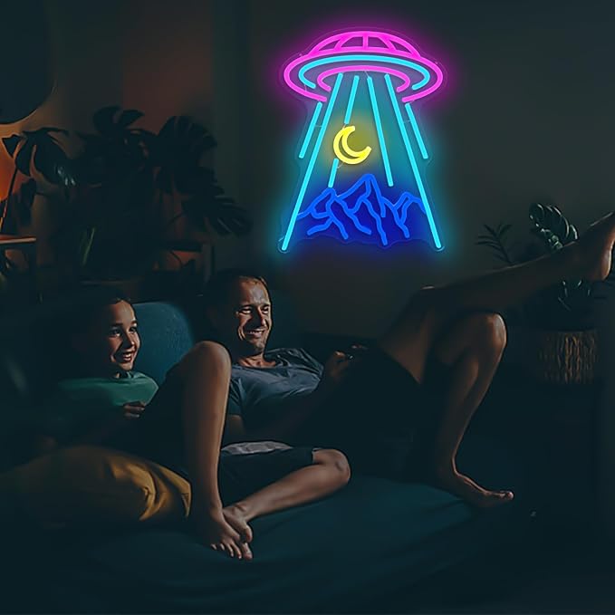 UFO Neon Sign for Wall Decor Alien Spaceship Mountain Neon Sign Dimmable Moon LED Neon Light Signs Light Up Sign for Bedroom Kids Space Game Room Decor Beer Bar Nightclub Shop Gift