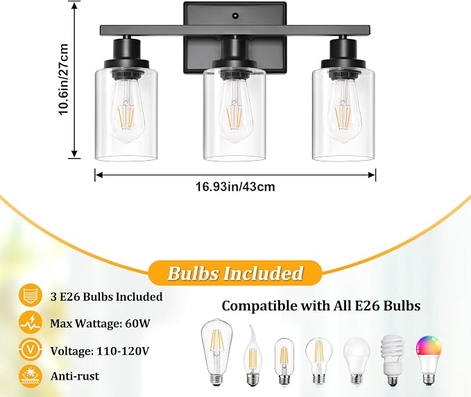 Ascher Bathroom Light Fixtures, 3 Light Vanity Light with LED Bulbs Included, Black Wall Sconces with Clear Glass Shades for Mirror, Kitchen, Living Room, Hallway, Cabinet