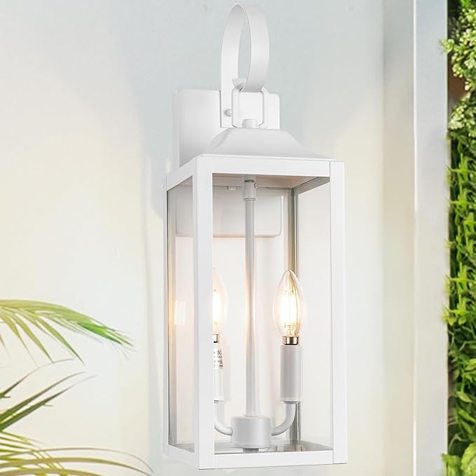 19" White Large Outdoor Wall Lantern 2-Light, Industrial Front Porch Light | Modern Outside Wall Sconce Waterproof Exterior Lighting Fixtures, Outdoor Light Fixture for House Porch & Patio Light, 1-Pack
