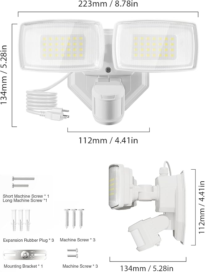 Onforu 32W Plug in Motion Sensor Lights Outdoor, 3200LM Motion Flood Light Dusk to Dawn, IP65 Waterproof Led Security Light Outside, 2 Heads Motion Activated Wall Light for Garage, Porch, Yard - White