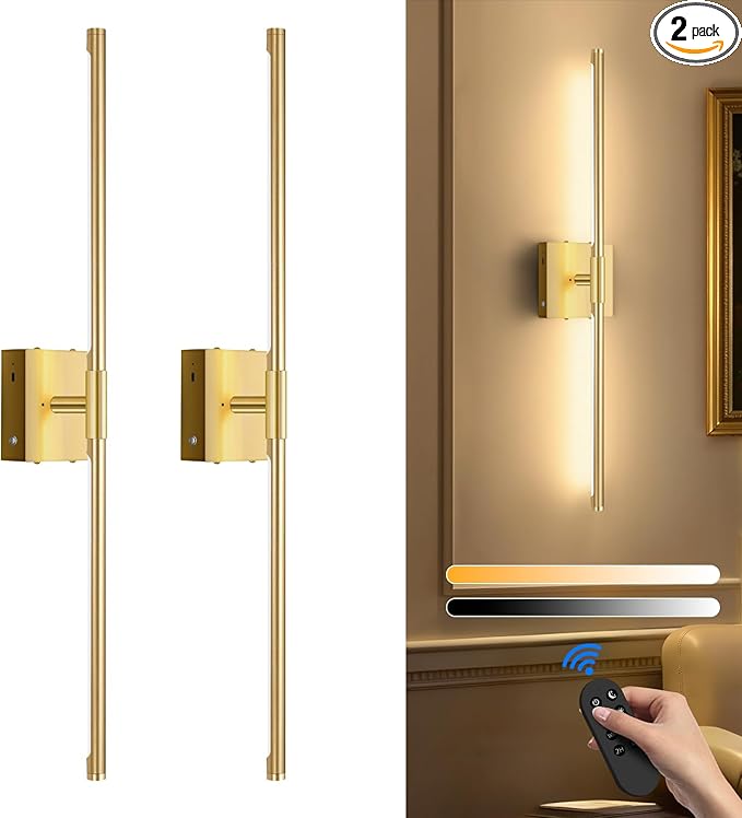 Wall Sconces Set of Two Battery Operated, Wireless USB Rechargeable Wall Lights with Remote, 8000mAh Dimmable LED 3 Color Dimmable Living Room for Bedroom,Hallway,Picture Lamp(30in Gold)