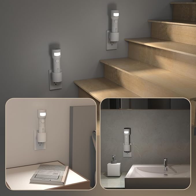 Plug-in LED Night Light Rechargeable Emergency Flashlight 2 Pack | 4-in-1 battery backup night light with a built-in motion sensor, automatically turning on during power outages