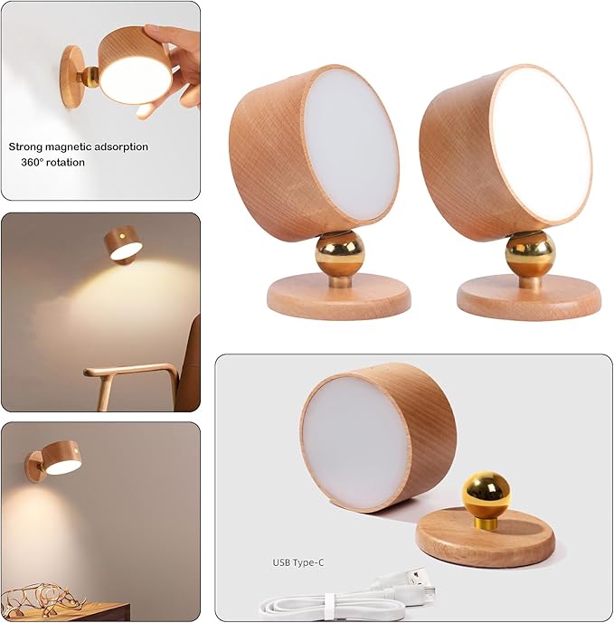 Wooden Led Wall Sconce, 360° Rotatable Dimmable Wall Lights Rechargeable Wall Lights Battery Operated Magnetic Led Night Light for Reading Light and Household Lighting (Beech Wood 2pcs)