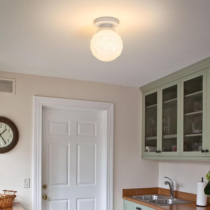 Semi Flush Mount Ceiling Light, White Hallway Light Fixture, Vintage Ceiling Lighting Fixture with Milky Glass, Globe Glass Close to Ceiling Light, Indoor Hanging Lighting for Bedroom Kitchen Porch