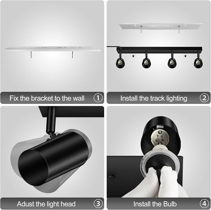 Plug in Track Lighting, LED Track Light Kit, Black 4-Light Track Lights for Kitchen, 15 FT Cord,23" Ceiling Spotlight, Rotatable Wall Mount Light Head for Bedroom Hallway Living Room
