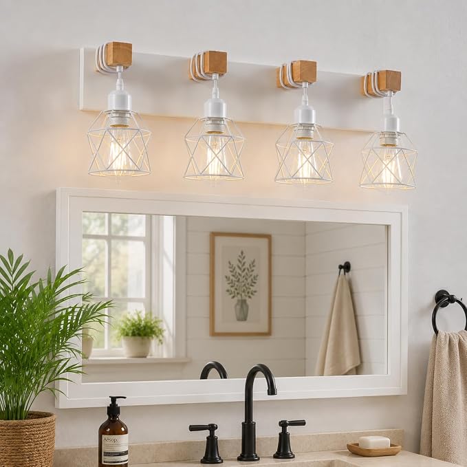 Farmhouse Vanity Light Fixture,4-Light Bathroom Lighting,White Modern Wood Wall Light Over Mirror with Metal Shade,LED Bulbs Not Included