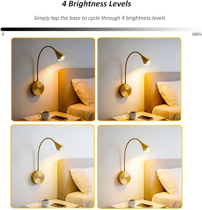 HomeFocus Wall Light,LED Wall Lamp,Eye-Caring Bedside Reading Wall Light,Gold