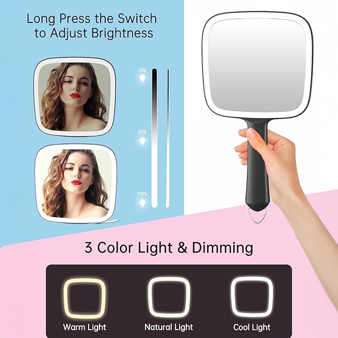Famihomii Hand Mirror with 30X Magnifying Detachable Mirror, Lighted Handheld Mirror, Lightweight & Durable, Portable & Hangable for Makeup, Hair Styling, Shaving, Battery Operated