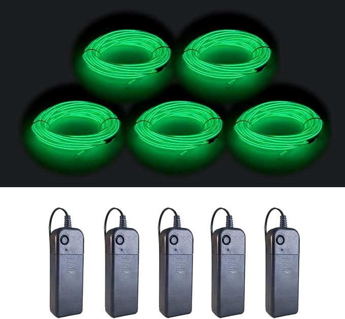MaxLax EL Wire Green 5-Pack, 9ft/2.75m Neon Light Wire with Noise Reduction and Battery Pack…