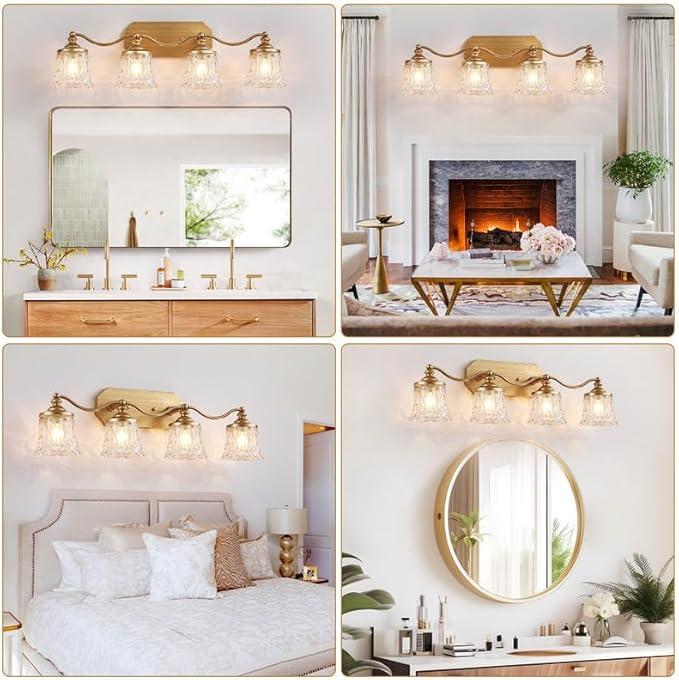 maesta Gold Bathroom Light Fixtures, 4 Light Bathroom Vanity Light, Matte Antique Gold Finish with Crystal Glass Shade, Gold Vintage Vanity Light for Bathroom, Living Room, Bedroom, Hallway