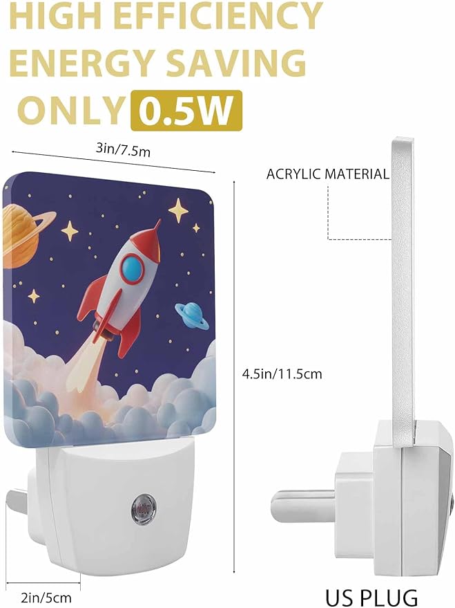 Cartoon Night Lights Plug into Wall LED Night Light Rocket Stars Space Modern Automatic Dimmable Dusk-to-Dawn Square Shaped Smart Nightlight for Bathroom/Bedroom