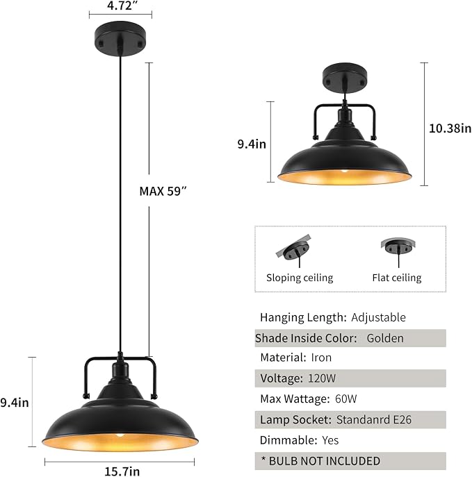 Black Pendant Light, Large Black and Gold Pendant Light 15.7" 3 Packs, Farmhouse Pendant Light, Island Pendant Lights, Kitchen Pendant Lights, Pendant Lights for Kitchen, Living Room