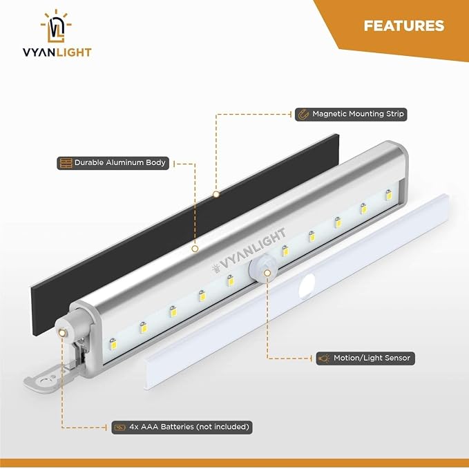Motion Sensor LED Under Cabinet Lights, 10 LED Light Strips for Closet, Kitchen, Bathroom, Pantry - Battery Operated, Wireless, Peel and Stick, 3 Pack