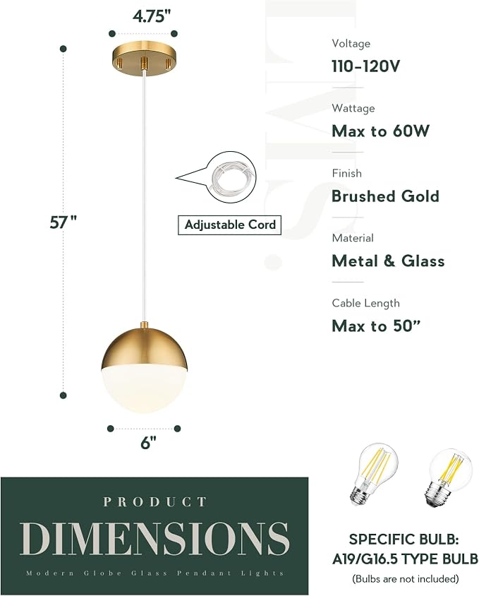 Mid Century Pendant Lights, Brushed Gold Kitchen Island Light Fixtures with White Globe Glass Shade, Adjustable Hanging Cord, 2-Pack for Home Office Dining Room Bathroom, LMS-186PL-BGWS2PK