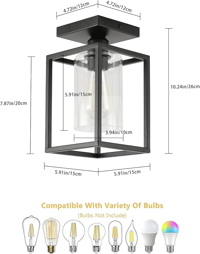 1 Pack Semi Flush Mount Black Metal Frame Ceiling Light with Clear Glass Shade, Farmhouse Fixture for Kitchen, Island, Entryway, Porch, Foyer, Dining Room