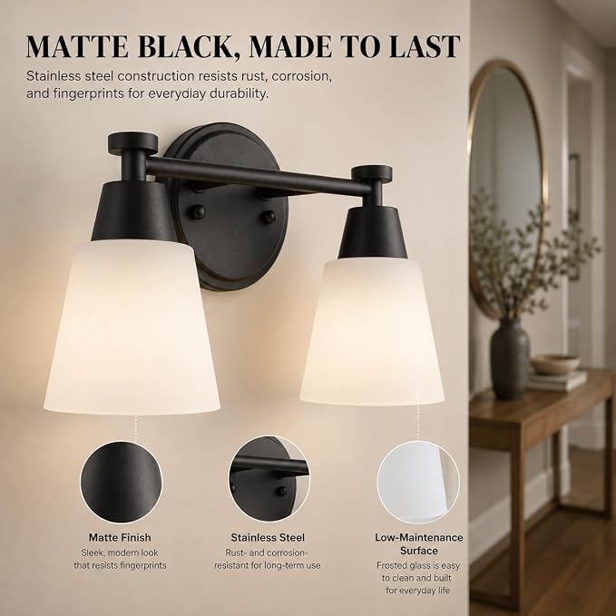 Bathroom Vanity Light, 2 Light Modern Matte Black Stainless Steel Over Mirror Vanity Light Fixture with Frosted Glass, Wall Sconces Lighting for Bedroom Living Room