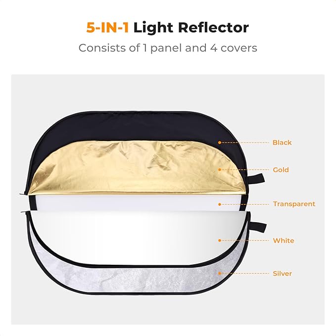 K&F CONCEPT 24" x36”(60x90cm) 5-in-1 Oval Foldable Reflector with Carrying Bag, Gold, Silver, Black, White Reflective Fabric and Translucent Soft Fabric for Studio Lighting