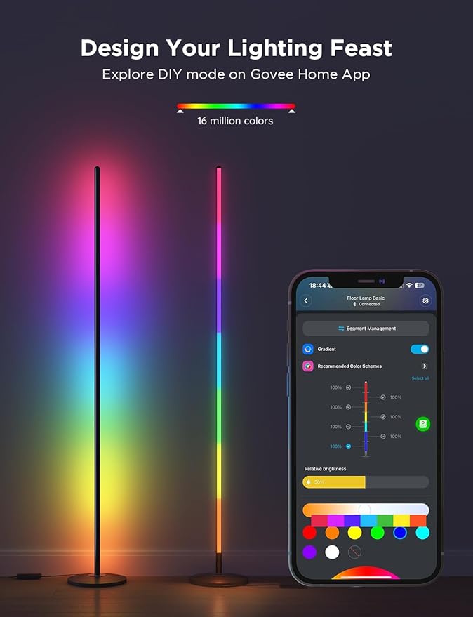 Govee RGBIC Floor Lamp Basic 2-Pack, Compatible with Alexa, LED Smart Standing Lamp with Voice Control, Color Changing Bedside Floor Lamp for Bedroom, Nightstand Corner Lights, Black