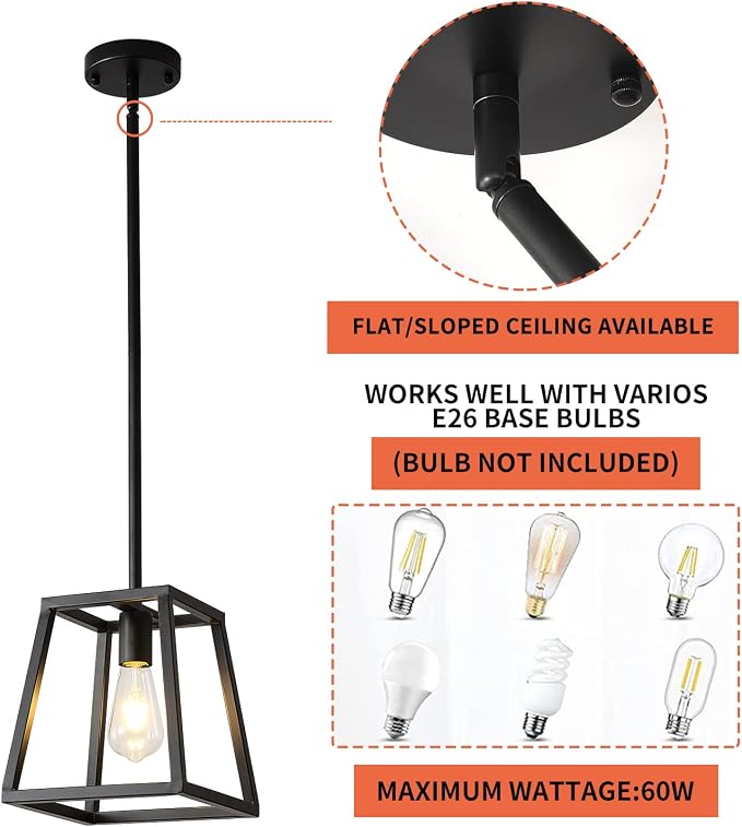 Black Pendant Light,Mini Rectangle Chandeliers, Pendant Lighting for Kitchen Island Living Room 1-Light Industrial Pendant Lighting for Kitchen Island
