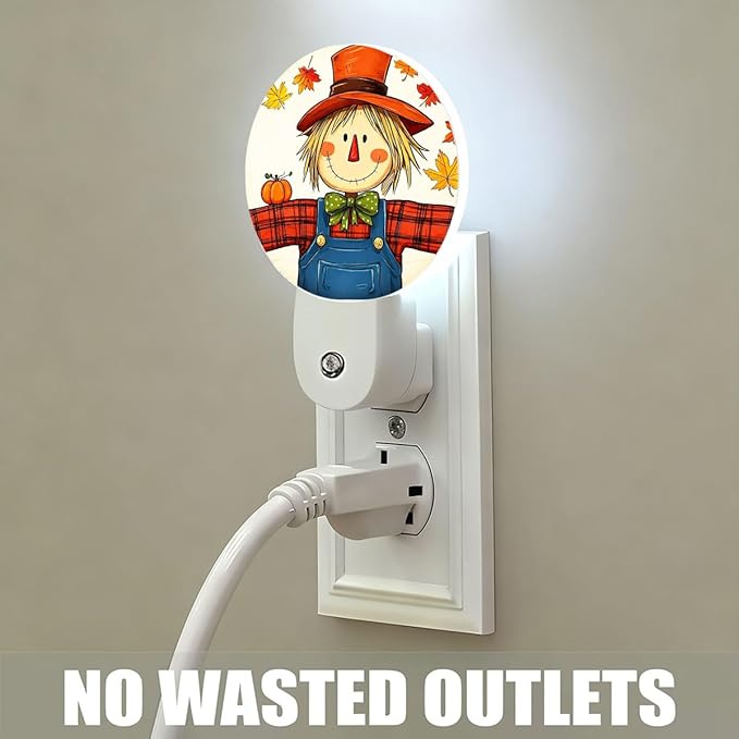 Mugod Autumn Scarecrow Plug-in Nightlights Maple Leaf Fall Night Light Plug into Wall with Dusk-to-Dawn Sensor LED Lighting 0.5W Sleep-Friendly
