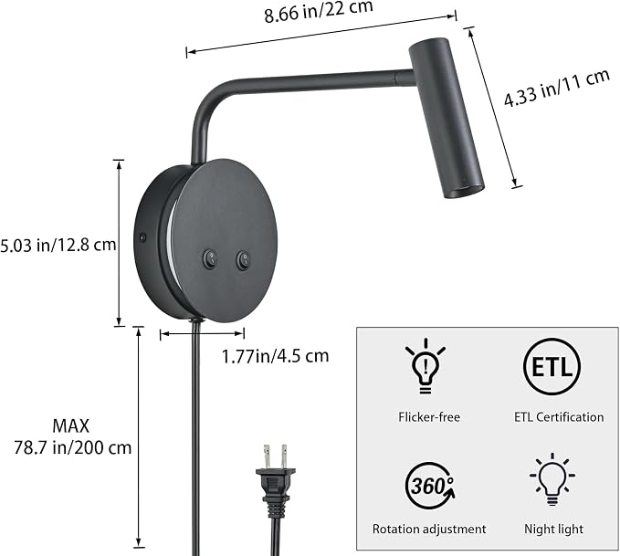 2 Pack Wall Mounted Reading Lights for Bed, Matte Black Headboard Wall Sconces with Night Light, Plug in or Hardwired Bedside Reading Lamps with On/Off Switch, 3000K Warm White Bedroom Wall Lighting