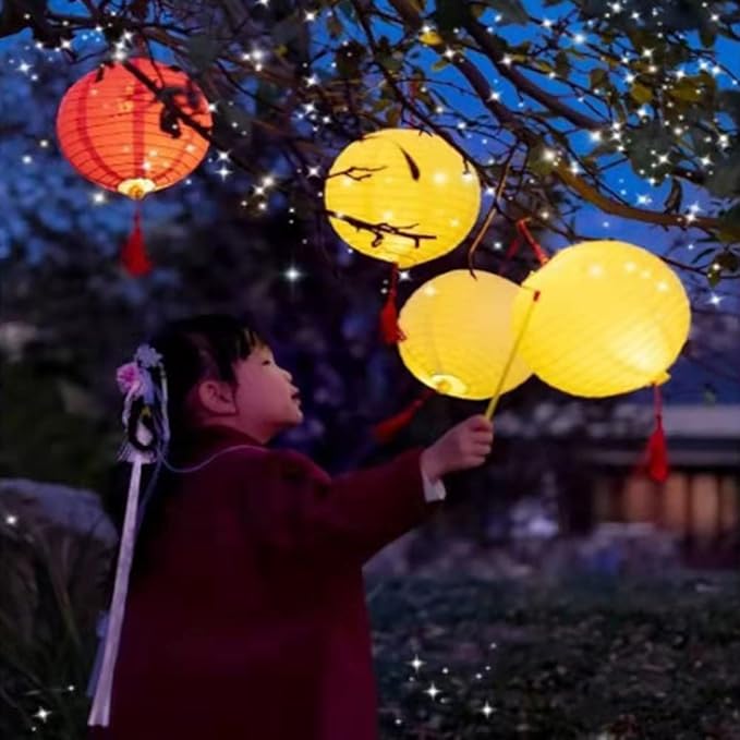 6Pcs Chinese Lunar New Year Decorations 2026 Chinese Paper Lanterns Decorative Japanese Hanging Paper Lantern with LED Lights Tassel Stick 8inch Round for Spring Festival Asian Party Home Decor