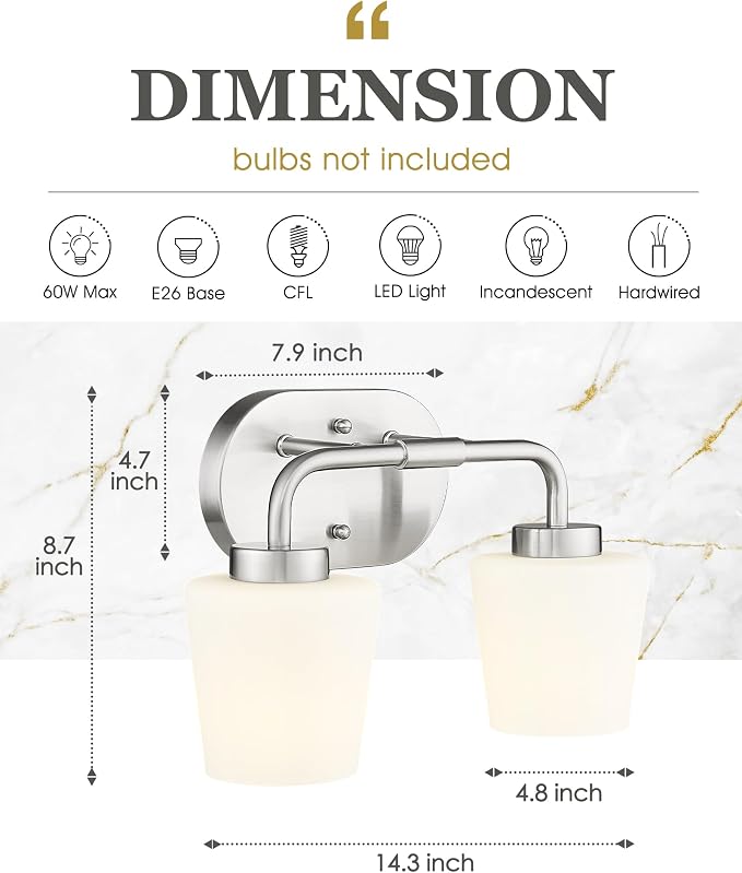 2-Light Bathroom Light Fixtures Over Mirror, Brushed Nickel | Vanity Lighting Fixtures with Milk White Glass, Vintage Farmhouse Wall Sconces Lighting, AD-22004-2W-SN