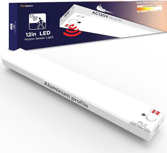 Under Cabinet Lighting Plug in, AC120V LED Motion Sensor Light Indoor 3000K/4000K/5000K, Super Bright, Linkable Under Counter Light for Kitchen,Closet,Shelf,Aluminum (12inch,White,1Pack)