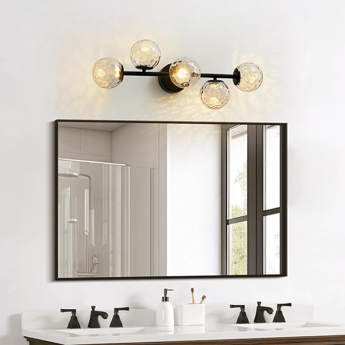 Black 5-Light LED Modern Hammered Glass Globe Bathroom Vanity Light | Hammered Glass, Captivating Water-Inspired Glow, Matte Black Finish, Mid Century Modern Design, Integrated LED Light Source