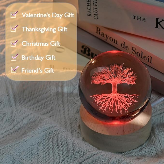 3D Tree of Life Crystal Ball 60mm Life Tree Globe Decor Tree Life Sphere Glass Decorative Ball Tree of Life Gifts for Women with Colorful Light Base