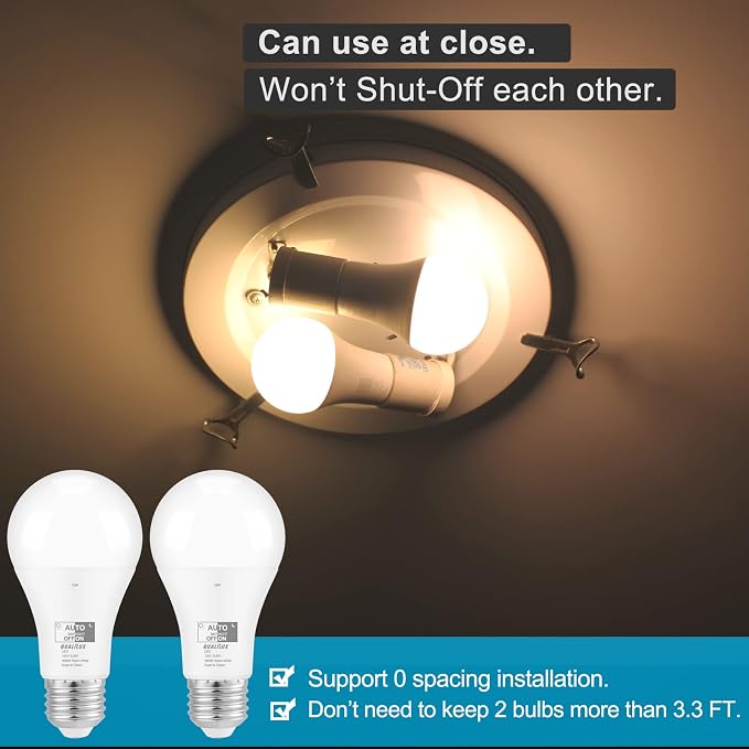Qualilux Dusk to Dawn A19 LED Light Bulbs Outdoor, Automatic On/Off, 60W Equivalent, Warm White 3000K, Energy Efficient 9.5W, 850 Lumen, E26 Base, 4-Pack, HQ-H009