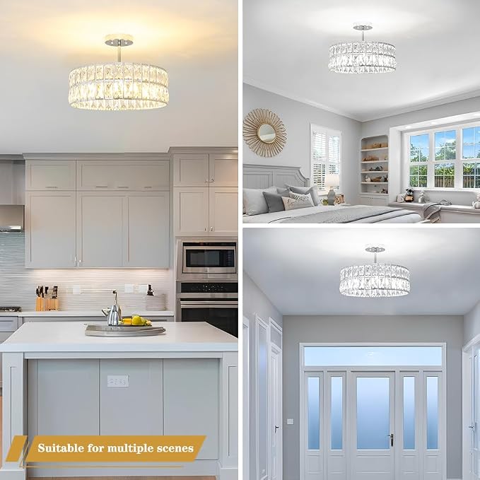 Lxybcce Crystal Ceiling Light Fixture, Modern Chrome Ceiling Light Chandelier, Semi Flush Mount Chandelier Lighting Fixture for Kitchen Entryway Living Room Dining Room, 5-Light, 16 Inch
