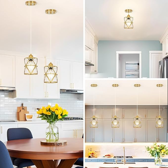 Gold Pendant Lights Kitchen Island Set of 2 , Adjustable Hanging Lights with Clear Glass, Industrial Ceiling Pendant Light for Hallway, Decor, E26 Base - 5.51''Shade,59.06'' Cord(Bulbs Not Included)