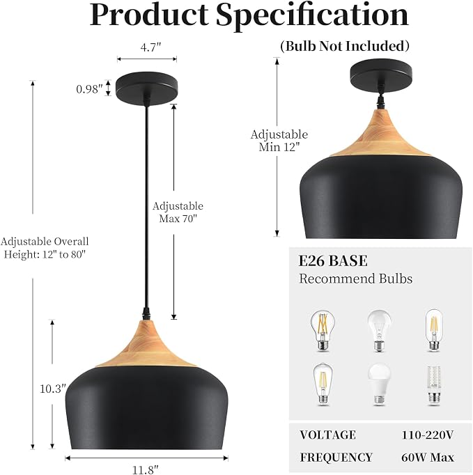 11.8" Industrial Pendant Light, Oak Wood & Metal Drum Shade