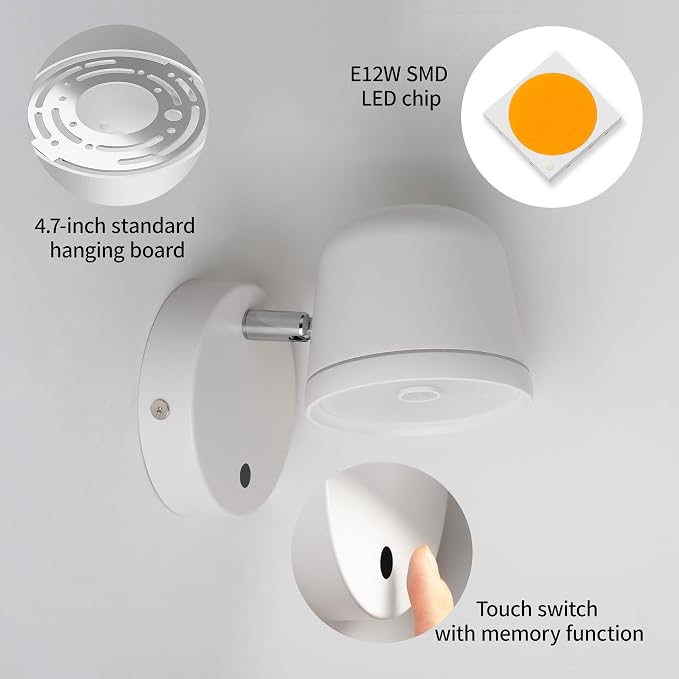 Aisilan Modern Wall Sconce LED Dimmable Wall Light with Switch Touch,12W Hard-Wired Wall Mounted Lamps for Bedside Hallway Living Room Bedroom CRI 97 （White）