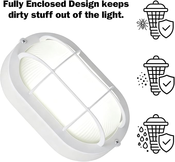 GRUENLICH LED Bulkhead Light Fixture, Aluminum Outdoor Wall Lantern, 8.5" | Oval Exterior Porch Light Wall Sconce for House Walkway Nautical Sauna, Dimmable 6W 600 Lumen, Glass, 5000K, White, 1 Pack