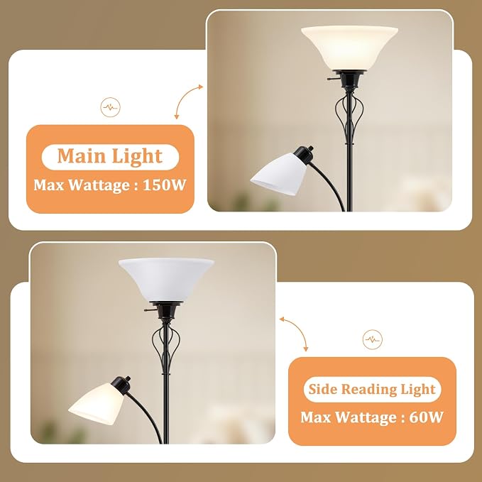 Floor Lamps for Living Room, 70" Tall Torchiere Floor Lamps, Plastic Shade | Tall Lamp with Adjustable Gooseneck Reading Light, Modern Corner Standing Lamp for Bedroom, Office, Separate On/Off Switch