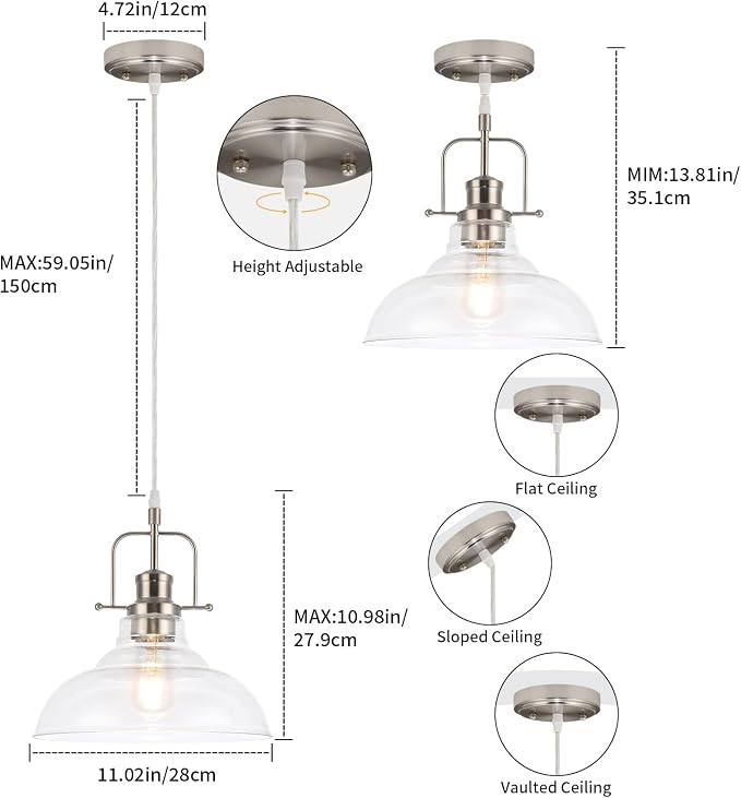 WILON Clear Glass Modern Pendant Light for Kitchen, Brushed Nickel | 11'' Clear Glass Shade, Adjustable Height, E26 Ceramic Socket, 60W MAX, Modern Style for Dining Room Kitchen Over Sink
