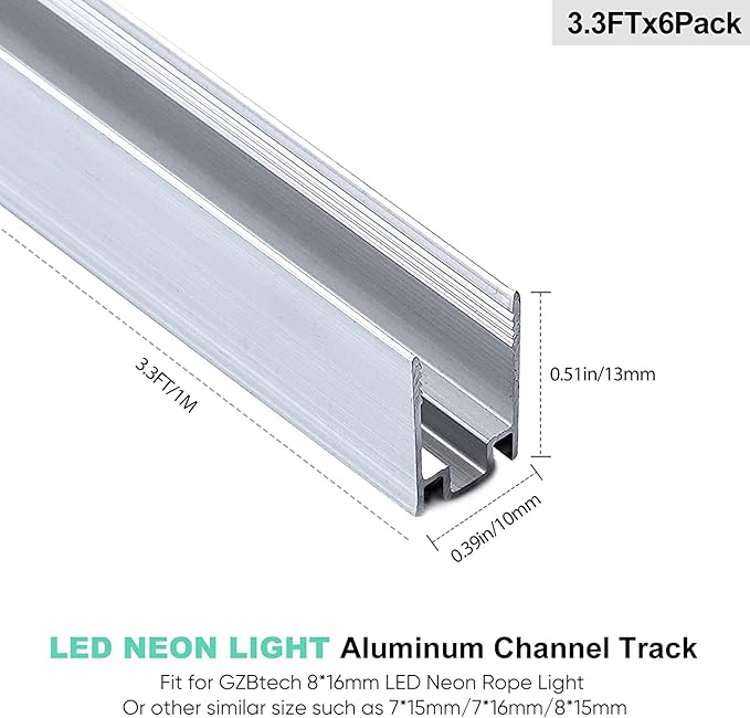 GZBtech 6 Pack Neon Rope Light Aluminum Channels, U-Shape Track Mounting Channels Mounting Bracket for 8mm*16mm LED Neon Strip Lights