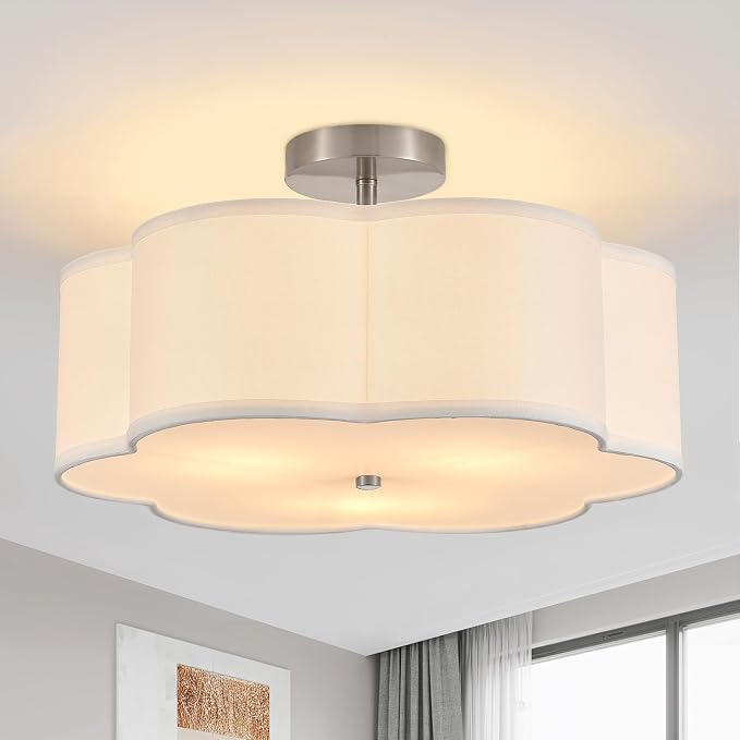 18" Chrome Semi Flush Mount Ceiling Light, 3-Light Petal Fixture | White Beige Linen Petal Shade, Modern Chrome Style For Bedroom, Living, Kitchen And Nursery; Close-To-Ceiling, E26, Dimmable