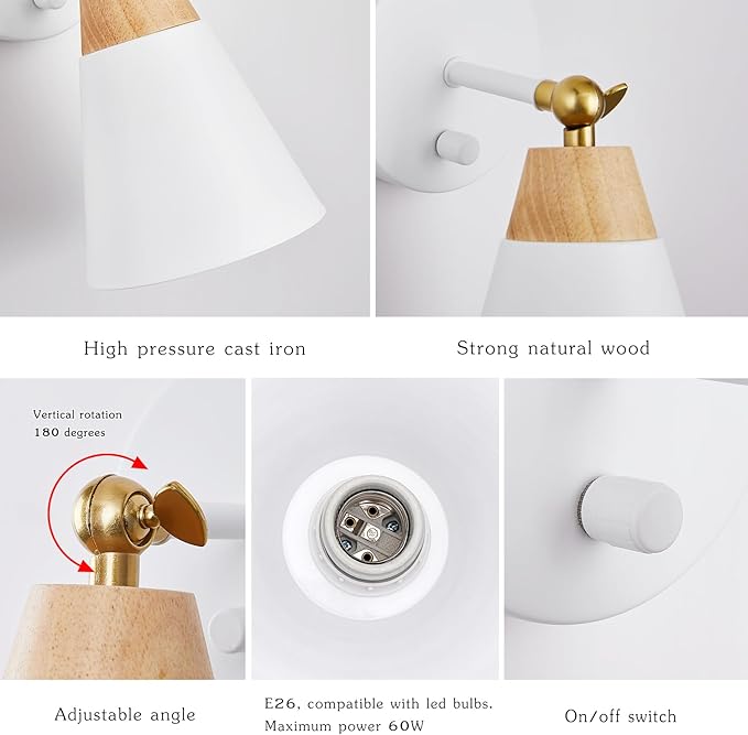Wall Sconce Lighting Fixture with Metal Shade, On/Off Switch, Indoor Decor Wall Mount Swing Arm Lamp for Bedroom,Hallway,Living Room,Reading, White