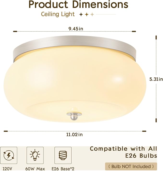 2-Light Brushed Nickel Ceiling Light,11.02in Milky White Glass Shade | Mid-Century Modern Metal Base, E26 Ceramic socket, Hallway, Kitchen, Bedroom, Bulb Not Included