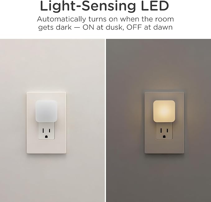 Lights by Night Mini Square LED Night Light, Plug-in, Dusk to Dawn Sensor, Compact, Ambient Lighting, for Kids or Adults, Bedroom, Bathroom, Nursery, Hallway, 2 Pack, 82487