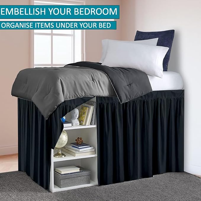 Dorm Bed Skirt, Twin XL, 36" Drop, Black | Soft Microfiber Fabric, College dorm rooms, Hides under-bed storage, Fits 39"x80" Beds, Wrinkle-resistant, Machine Washable